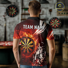 Load image into Gallery viewer, Back view of man wearing a red fire dartboard darts shirt.
