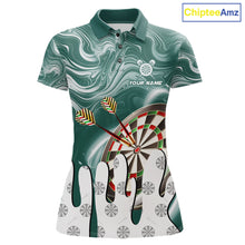 Load image into Gallery viewer, Green marble swirl darts polo shirt for women with custom darts team graphics.