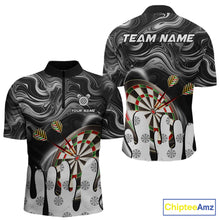 Load image into Gallery viewer, Black marble swirl darts quarter zip shirt for men designed for league tournaments and team events.