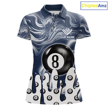 Load image into Gallery viewer, Blue marble swirl 8 ball billiard polo shirt for women with custom pool team graphics.