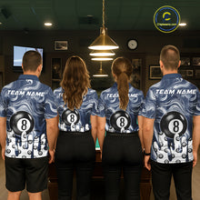 Load image into Gallery viewer, Back view of pool players wearing matching blue marble swirl billiard shirts in a game room.