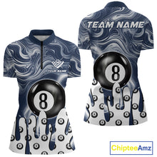 Load image into Gallery viewer, Blue marble swirl 8 ball billiard quarter zip shirt for women designed for league tournaments and team events.