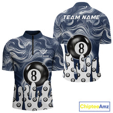 Load image into Gallery viewer, Blue marble swirl 8 ball billiard quarter zip shirt for men designed for league tournaments and team events.
