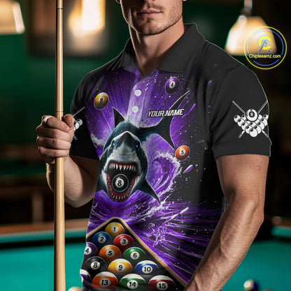 Personalized Purple 8 Ball Pool And Shark Billiard Shirts For Men, Billiard League Team Jersey TDM7291