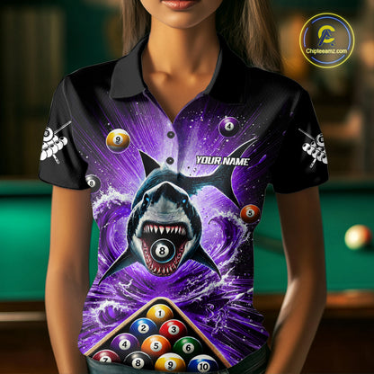 Personalized Purple 8 Ball Pool And Shark Billiard Shirts For Women, Billiard League Team Jersey TDM7291