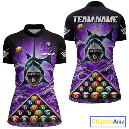 Personalized Purple 8 Ball Pool And Shark Billiard Shirts For Women, Billiard League Team Jersey TDM7291