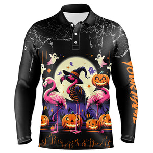 Funny Mens Golf Polo Shirts Custom Name Black Halloween Pattern Flamingo Golf Friend Outfits TDM2541