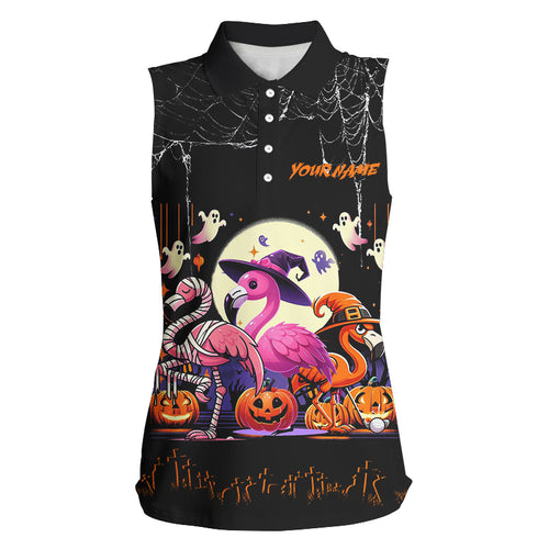 Funny Womens Sleeveless Golf Polo Shirts Black Halloween Pattern Custom Flamingo Golf Friend Outfits TDM2542