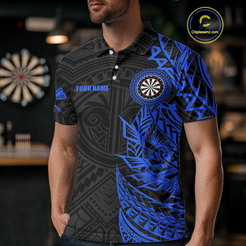 Personalized Black And Blue Tribal Darts Polo & Quarter Zip Custom Dart Shirts For Men Dart Jersey TDM4826
