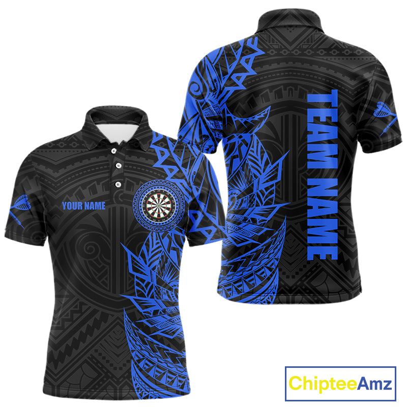 Personalized Black And Blue Tribal Darts Polo & Quarter Zip Custom Dart Shirts For Men Dart Jersey TDM4826
