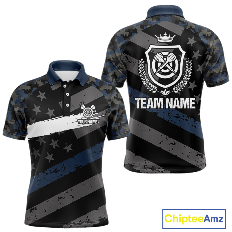Blue Camo American Flag Darts Jersey For Men Custom Grunge Darts Shirt Team Polo & Quarter Zip TDM5031
