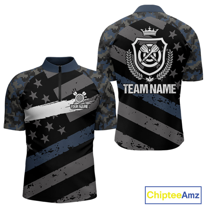 Blue Camo American Flag Darts Jersey For Men Custom Grunge Darts Shirt Team Polo & Quarter Zip TDM5031