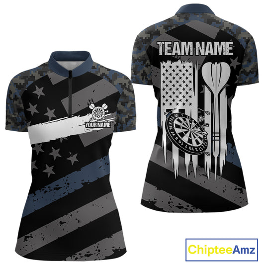 Blue Camo American Flag Darts Shirt For Women Custom Patriotic Darts Jersey Team Polo & 1/4 Zip TDM5034