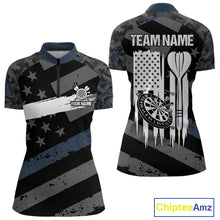 Load image into Gallery viewer, Blue Camo American Flag Darts Shirt For Women Custom Patriotic Darts Jersey Team Polo &amp; 1/4 Zip TDM5034
