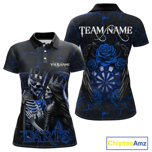 Personalized Skeleton Couple And Roses Gothic Darts Shirt For Women Custom Dart Jersey Outfit|Blue TDM5039