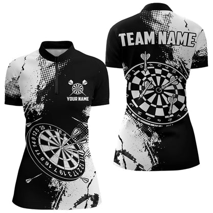 Grunge Black And White Dart Polo & Quarter Zip Custom Dart Shirts For Women, Retro Dart Jerseys TDM3271