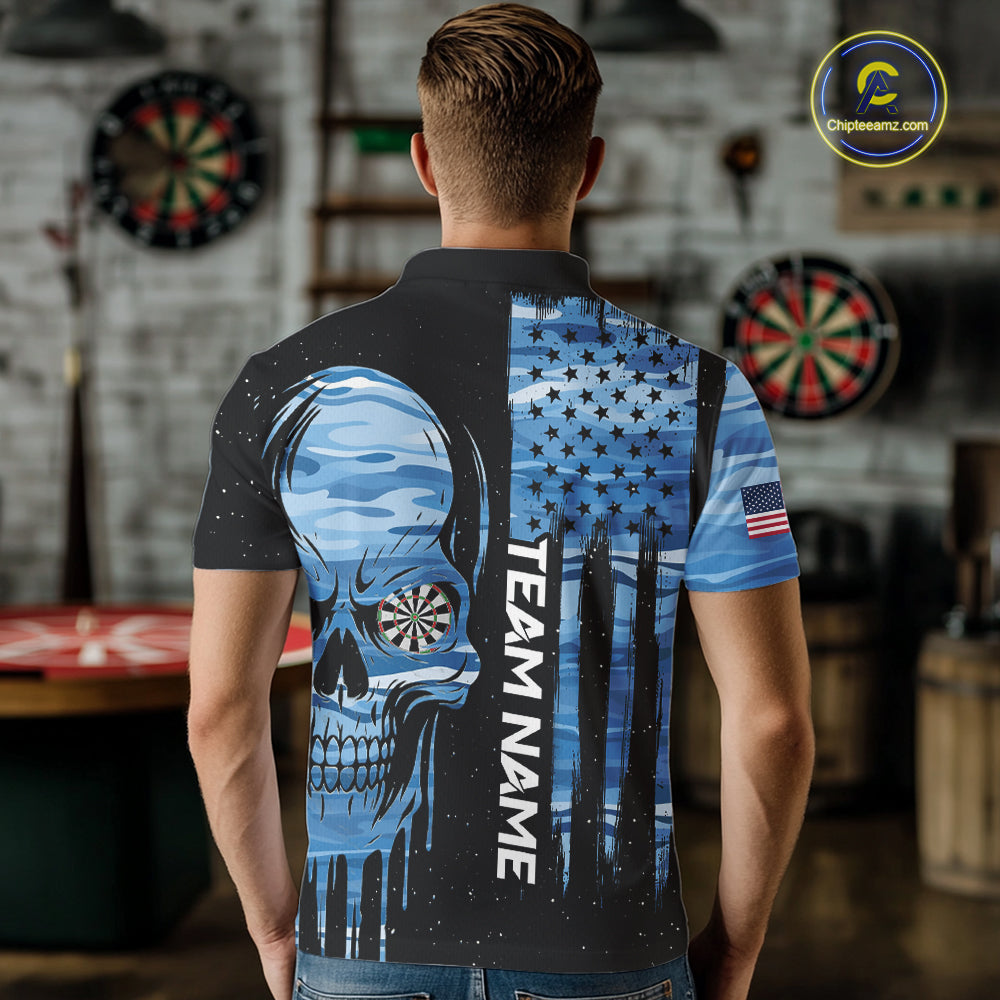 Blue Camo Skull American Flag Dart Shirt For Men Custom Patriotic Dart Jersey Team Polo & 1/4 Zip TDM5772
