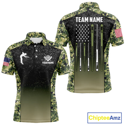 Custom Green Camo US Flag 8 Ball Pool Shirt For Men, Billiard Team Jersey Polo & 1/4 Zip TDM6138