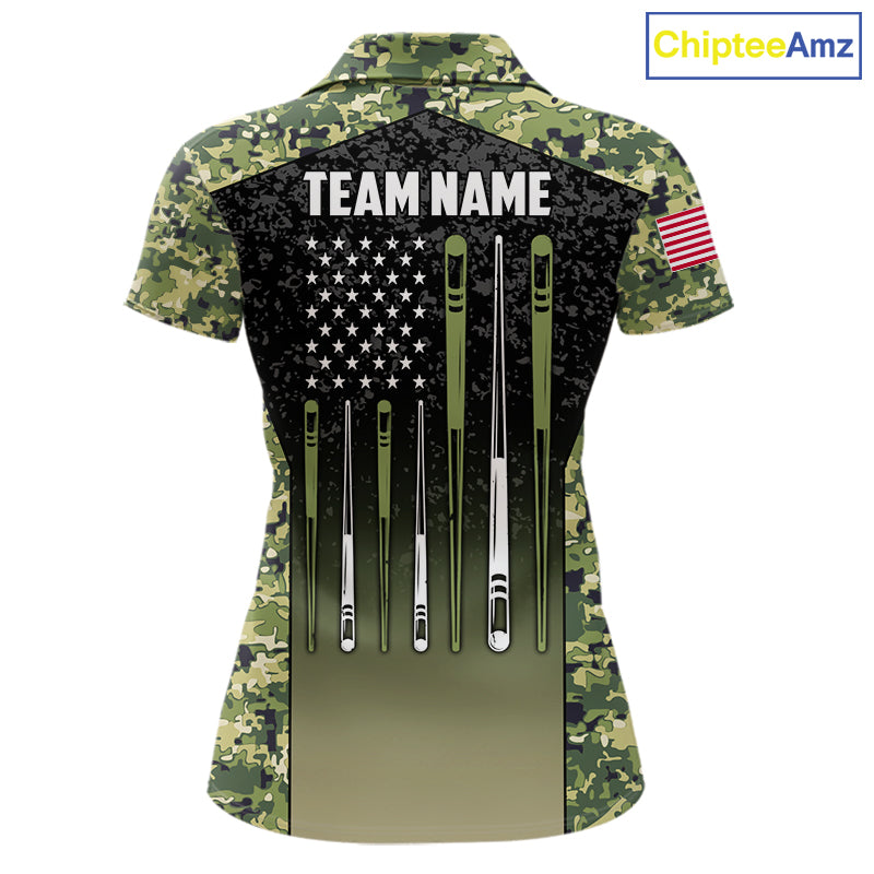 Custom Green Camo US Flag 8 Ball Pool Shirt For Women, Billiard Team Jersey Polo & 1/4 Zip TDM6138