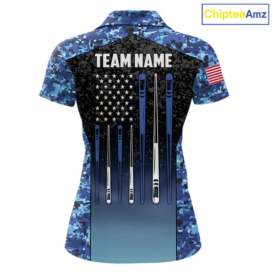 Custom Blue Camo US Flag 8 Ball Pool Shirt For Women, Billiard Team Jersey Polo & 1/4 Zip TDM6139