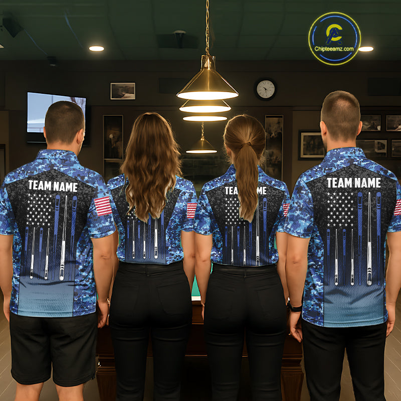 Custom Blue Camo US Flag 8 Ball Pool Shirt For Women, Billiard Team Jersey Polo & 1/4 Zip TDM6139