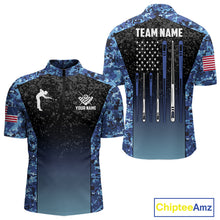 Load image into Gallery viewer, Custom Blue Camo US Flag 8 Ball Pool Shirt For Men, Billiard Team Jersey Polo &amp; 1/4 Zip TDM6139