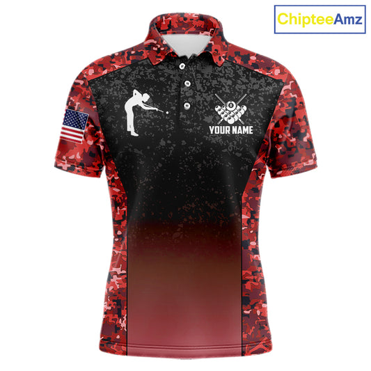 Custom Red Camo US Flag 8 Ball Pool Shirt For Men, Billiard Team Jersey Polo & 1/4 Zip TDM6140