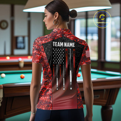 Custom Red Camo US Flag 8 Ball Pool Shirt For Women, Billiard Team Jersey Polo & 1/4 Zip TDM6140
