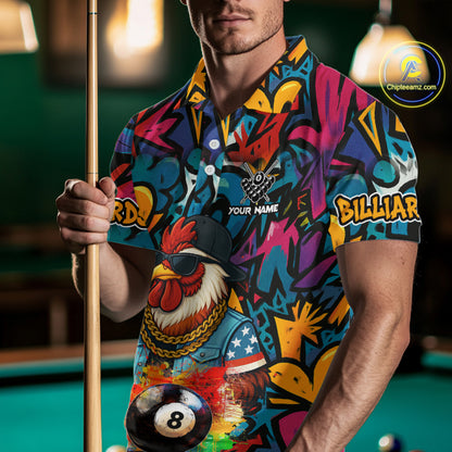Funny Rooster Colorful Graffiti 8 Ball Billiard Shirt For Men Custom Pool Jersey Polo & 1/4 Zip TDM6368