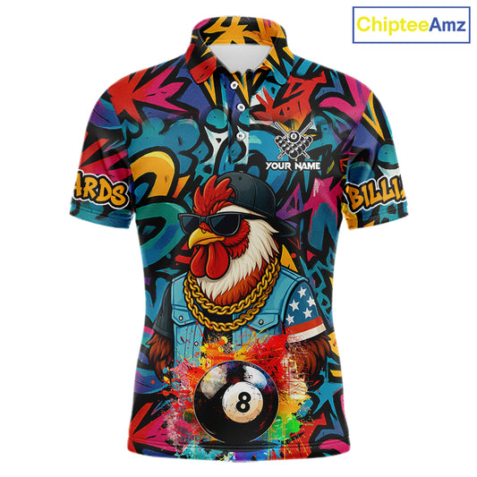 Funny Rooster Colorful Graffiti 8 Ball Billiard Shirt For Men Custom Pool Jersey Polo & 1/4 Zip TDM6368