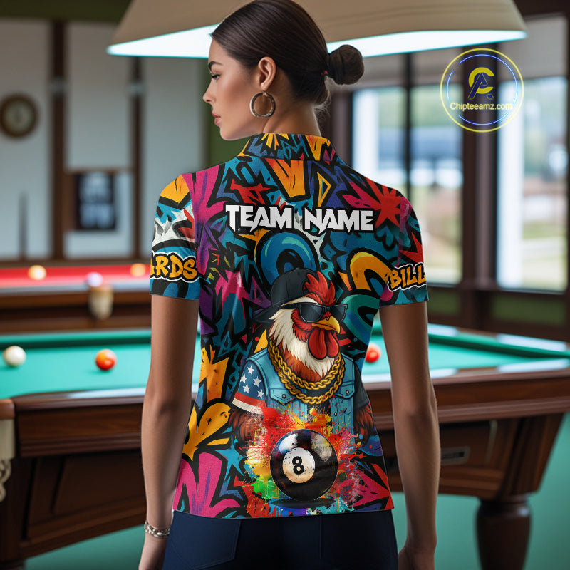 Funny Rooster Colorful Graffiti 8 Ball Billiard Shirt For Women Custom Pool Jersey Polo & 1/4 Zip TDM6368
