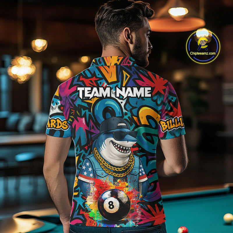 Funny Shark Colorful Graffiti 8 Ball Billiard Shirt For Men Custom Pool Jersey Polo & 1/4 Zip TDM6369