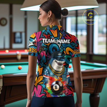 Funny Shark Colorful Graffiti 8 Ball Billiard Shirt For Women Custom Pool Jersey Polo & 1/4 Zip TDM6369