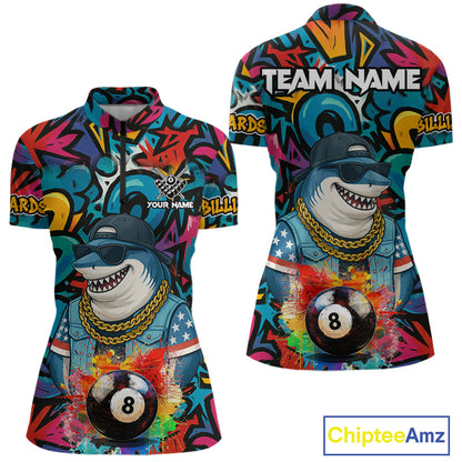 Funny Shark Colorful Graffiti 8 Ball Billiard Shirt For Women Custom Pool Jersey Polo & 1/4 Zip TDM6369