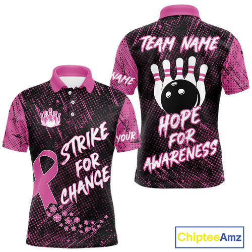 Strike For Change Pink Ribbon Custom Bowling Shirt For Men, Breast Cancer Awareness Bowling Jersey TDM4635
