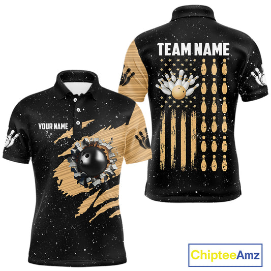 Custom Grunge American Flag Bowling Shirt For Men, Patriotic Bowling Team Jersey Polo & 1/4 Zip TDM4631