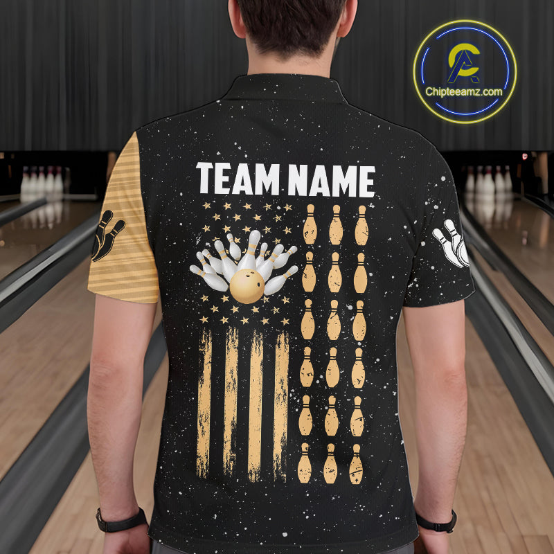 Custom Grunge American Flag Bowling Shirt For Men, Patriotic Bowling Team Jersey Polo & 1/4 Zip TDM4631
