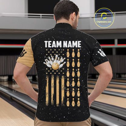Custom Grunge American Flag Bowling Shirt For Men, Patriotic Bowling Team Jersey Polo & 1/4 Zip TDM4631