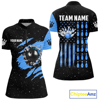 Custom Blue Grunge American Flag Bowling Shirt For Women, Patriotic Bowling Team Jersey Polo, 1/4 Zip TDM4632