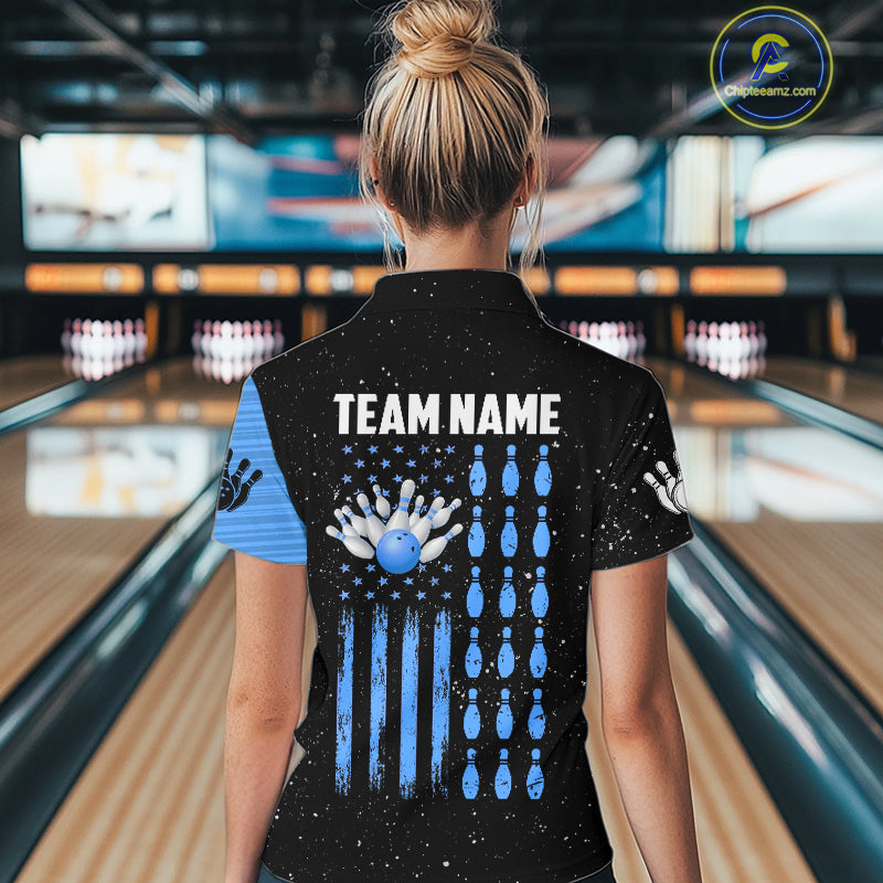 Custom Blue Grunge American Flag Bowling Shirt For Women, Patriotic Bowling Team Jersey Polo, 1/4 Zip TDM4632