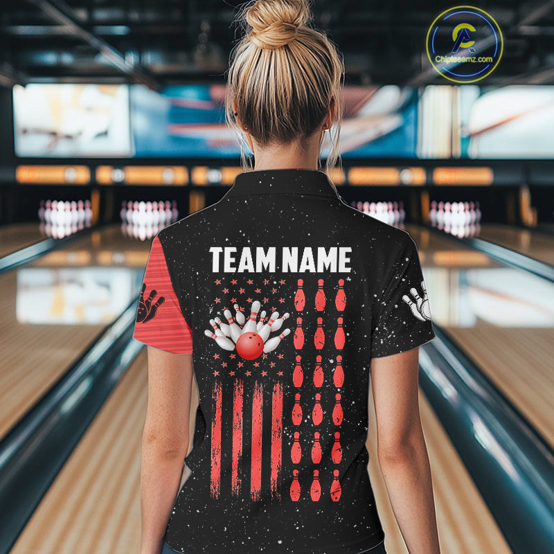 Custom Red Grunge American Flag Bowling Shirt For Women, Patriotic Bowling Team Jersey Polo, 1/4 Zip TDM4633