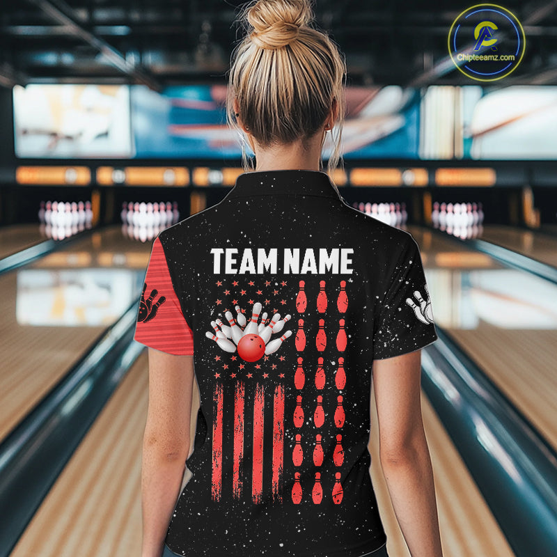 Custom Red Grunge American Flag Bowling Shirt For Women, Patriotic Bowling Team Jersey Polo, 1/4 Zip TDM4633