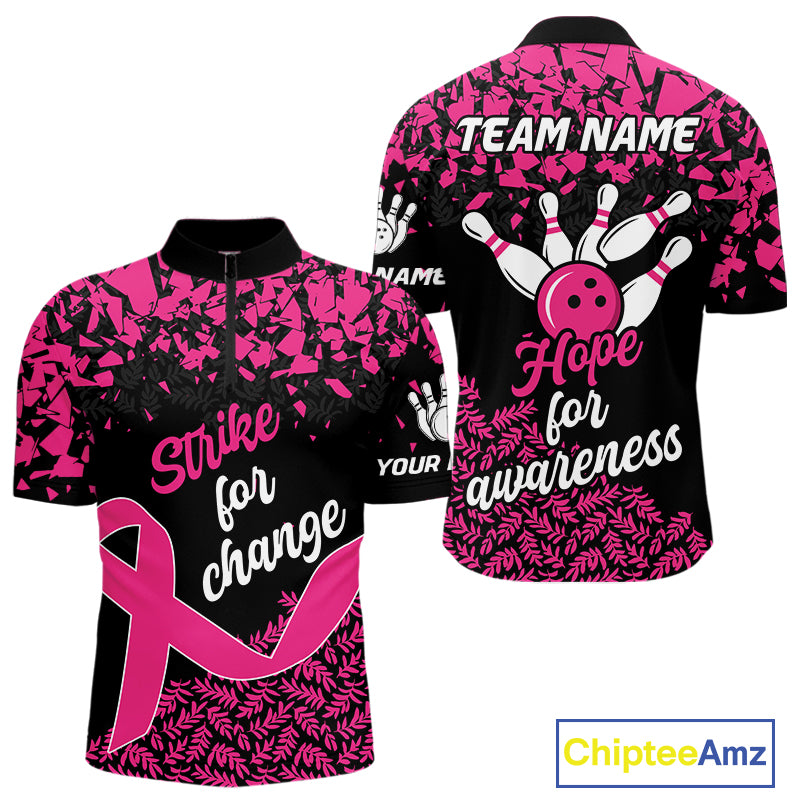 Strike For Change Hope For Awareness Custom Bowling Shirt For Men, Breast Cancer Bowling Jerseys TDM4634