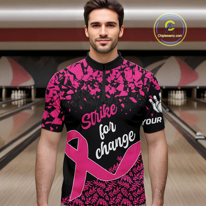 Strike For Change Hope For Awareness Custom Bowling Shirt For Men, Breast Cancer Bowling Jerseys TDM4634