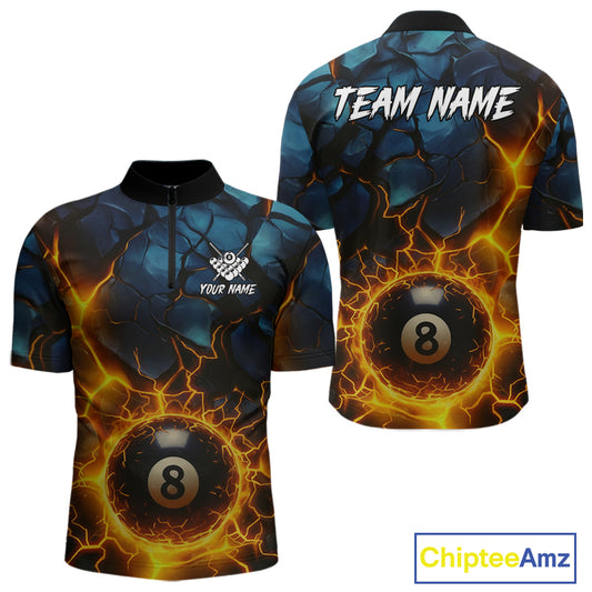 Personalized Fire Cracks 8 Ball Billiard Shirt For Men Custom 8 Ball Pool Jersey Polo & 1/4 Zip TDM5045