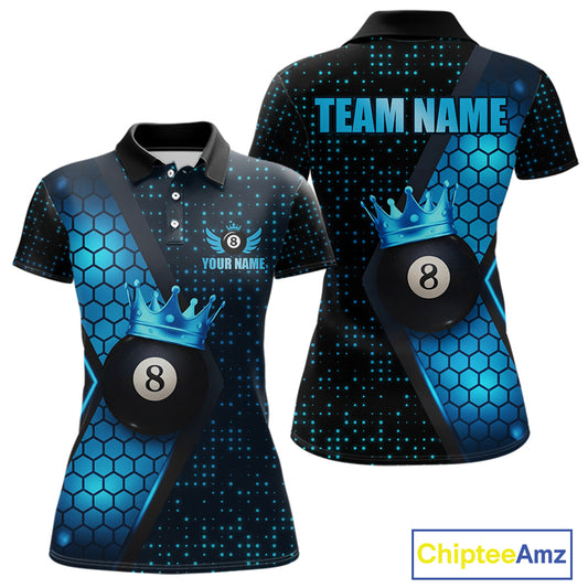 Personalized Blue 8 Ball Pool Crown Hexagon Billiard Shirt For Women, Billiard League Team Jersey TDM5046