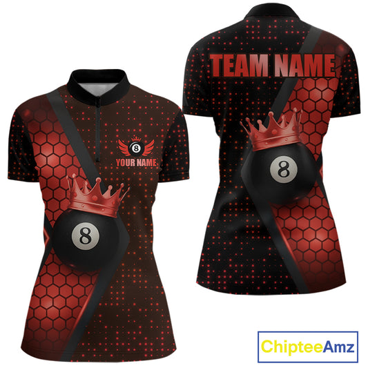 Personalized Red 8 Ball Pool Crown Hexagon Billiard Shirt For Women, Billiard League Team Jersey TDM5047