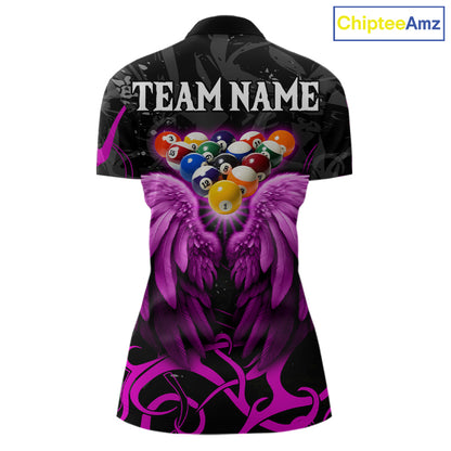 Black And Purple 8 Ball Wings Billiard Shirt For Women Custom Tribal Pool Jersey Team Polo & 1/4 Zip TDM5774