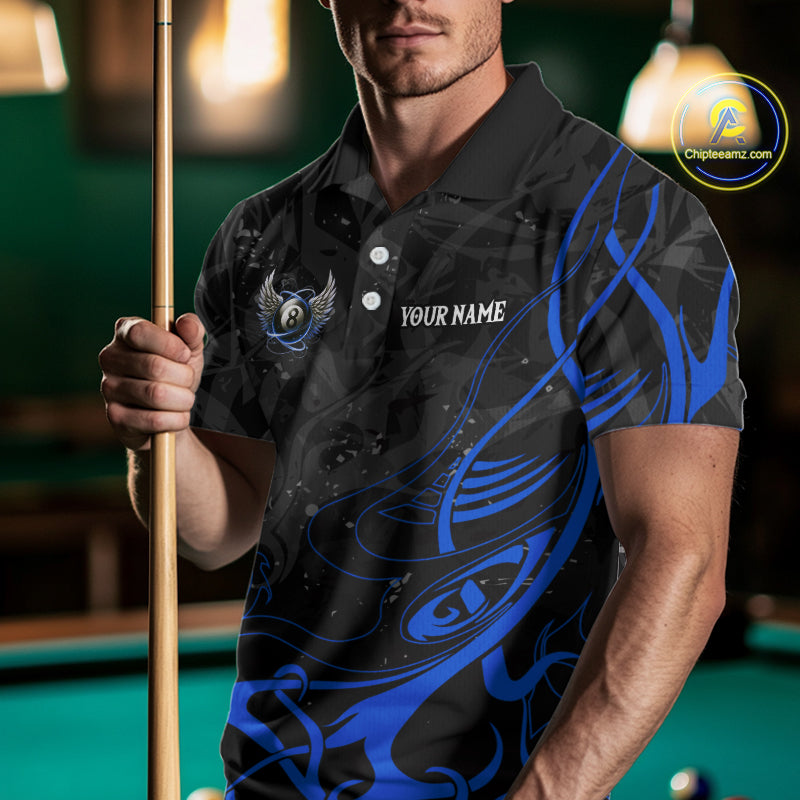 Black And Blue 8 Ball Wings Billiard Shirt For Men Custom Tribal Pool Jersey Team Polo & 1/4 Zip TDM5775