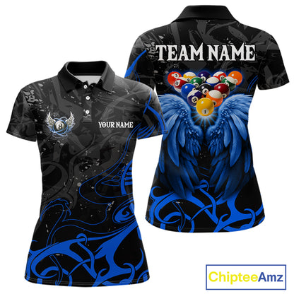 Black And Blue 8 Ball Wings Billiard Shirt For Women Custom Tribal Pool Jersey Team Polo & 1/4 Zip TDM5775